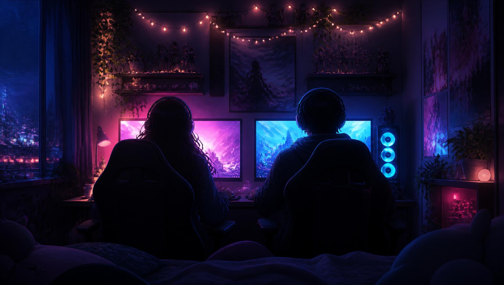 Ilustração de um casal jogando lado a lado em um quarto gamer à noite