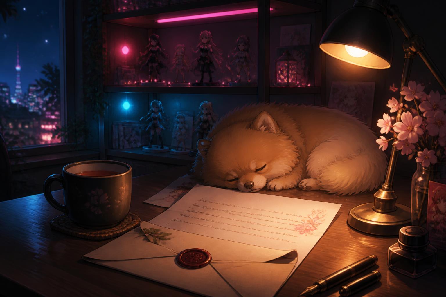 Ilustração de uma carta escrita à mão em uma mesa com uma cachorrinha dormindo